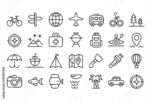 Tourism and journey vector icon set in editable stroke style for maps and apps