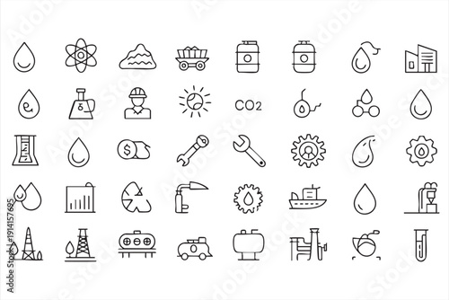 Industrial energy outline icons with renewable power and oil production symbols