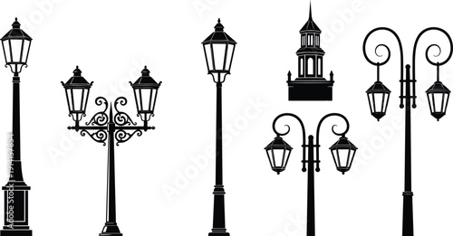Vintage street lamp silhouettes, classic ornate lantern posts isolated on white background vector illustration