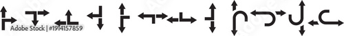 Navigation Road Arrows icon Set. Highway Direction Icons. Black arrows showing diverging and converging paths