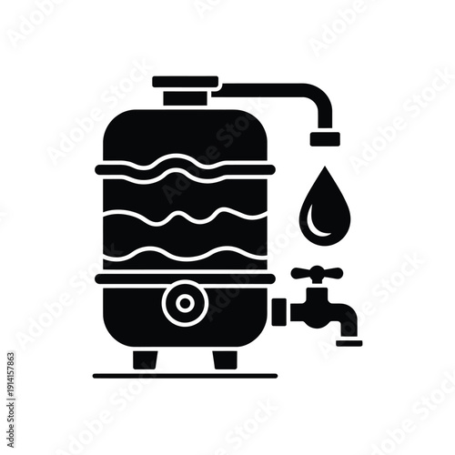 Black silhouette illustration of a water tank with a dispensing tap