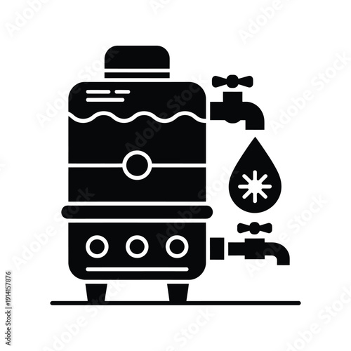 Simple black glyph illustration of a water cooler dispenser with droplet