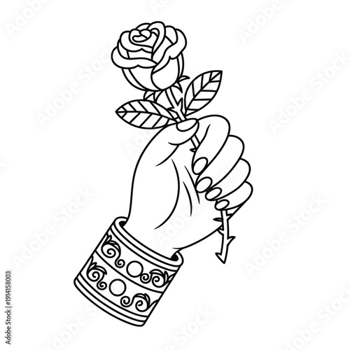 A hand gently holding a blooming rose with a patterned bracelet