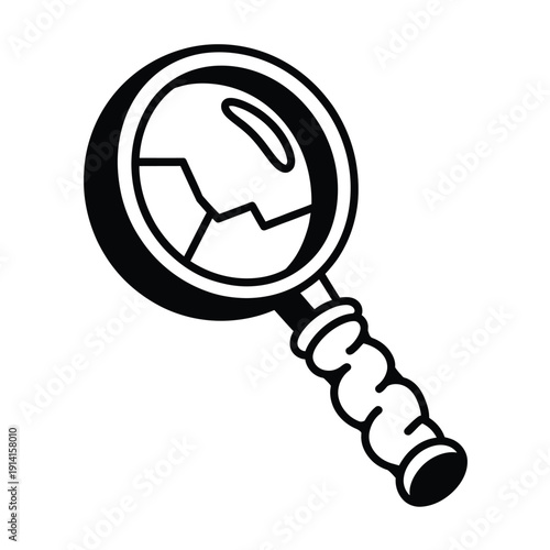 A black and white illustration of a magnifying glass inspecting earth