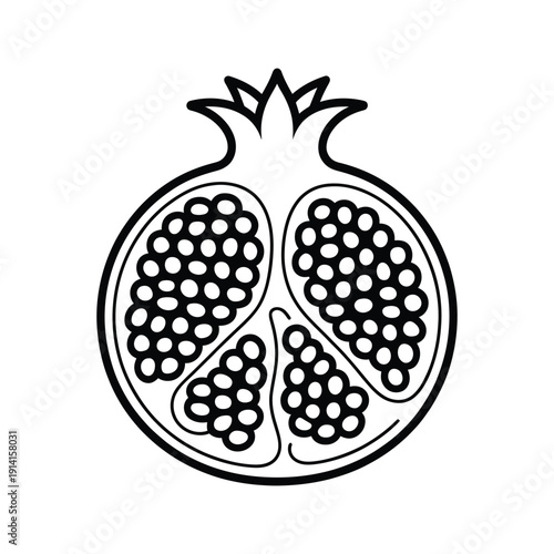 A detailed black and white illustration of a halved pomegranate fruit