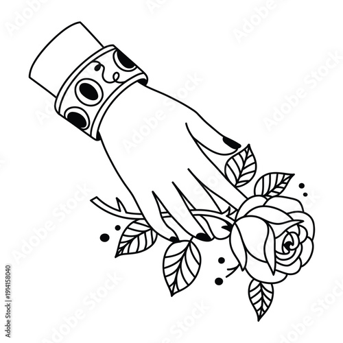 A delicate hand holding a blooming rose with ornate bracelet details