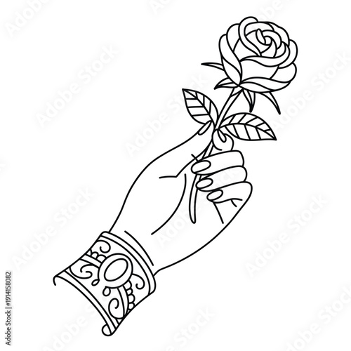 A delicate hand gently holds a single beautifully drawn rose