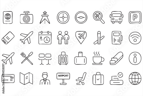 Airport navigation outline icons with flight and passenger services