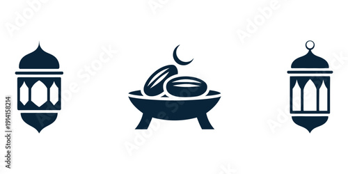 Traditional islamic symbols featuring lanterns and a crescent moon with a bowl