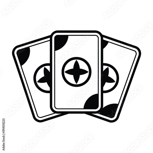 Three playing cards stacked together displaying simple black designs