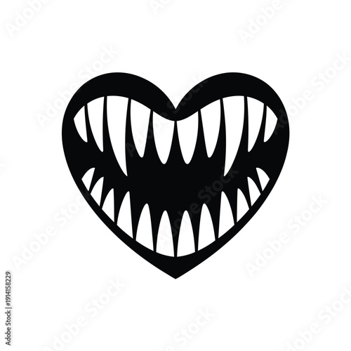 A black heart shape with sharp menacing teeth inside resembling a grin