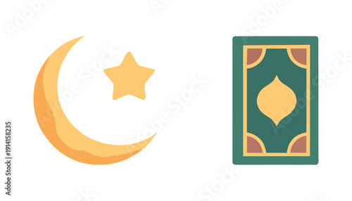Islamic symbols including crescent moon and star with mihrab design illustration