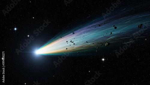 Vibrant Comet Streaking Across the Dark Cosmos with a Colorful Tail and Debris.