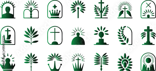 Collection of various religious and nature themed green icons on white background for design and decoration purposes  symbols and signs