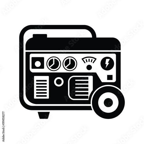 Black silhouette of a portable generator with control panel and wheel