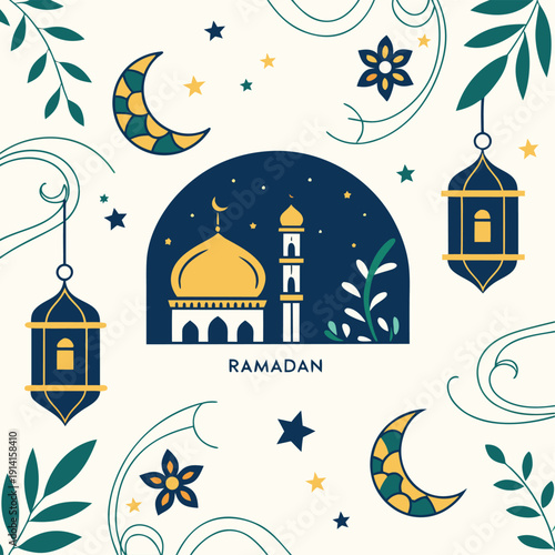 Vector illustration of an Islamic mosque silhouette, mosque at night with moon vector illustration