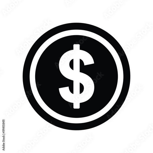 A simple black and white icon depicting a united states dollar coin