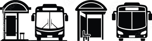 A black and white image of a bus and bus stop