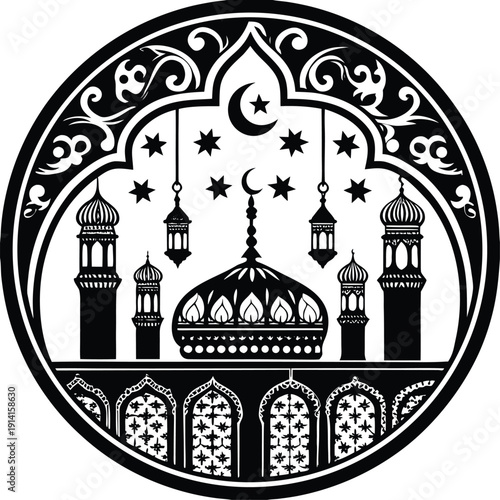 Islamic Mosque Vector Design, Islamic, Ramadan Vector, Moon Light, Star Light, Mosque Design, Black & White Mosque, Decorative Design