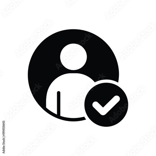 Simple black and white icon of a person with a checkmark