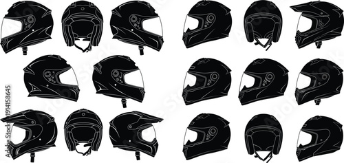 A collection of black motorcycle helmets on a white background