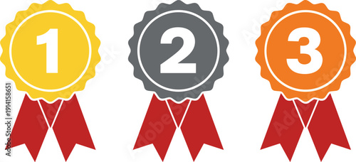 Gold silver and bronze award badges with first second third place ribbons isolated on white background vector illustration