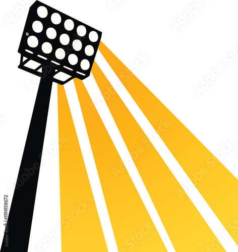 Stadium floodlights with yellow light beams vector icon
