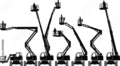 Aerial work platform set with man lift, cherry picker machines, construction workers in bucket, cad drawing flat vector illustration, industrial maintenance.