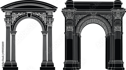 Two ornate black and white arches with columns