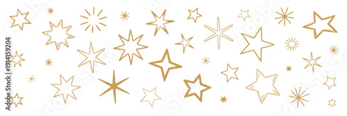 Stars, Colored Sketches, Crayon and Pencil Textured Drawings Set, hand-drawn chalk doodle sparkles, twinkle shapes, playful elements, rough kids style illustrations, flat vector graphics isolated 