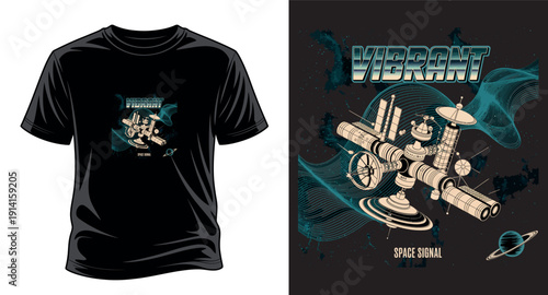 Space station with vibrant wavy lines, space signal text vector art print templet