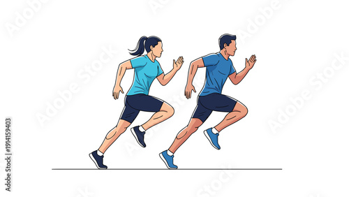Athletic man and woman in sportswear running together side by side representing fitness healthy lifestyle and professional marathon training.