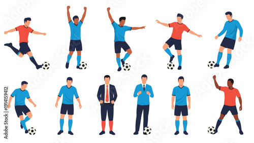 Set of diverse soccer players in various dynamic poses including kicking the ball celebrating goals and standing with sports equipment.