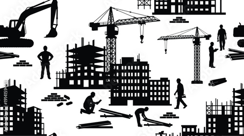 Construction site silhouette with crane, excavator, builders working on buildings, cad drawing flat vector illustration for industrial engineering project, architecture.