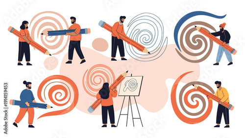 Creative group of people using giant pencils to draw large colorful spirals on a white background representing artistic expression and teamwork.
