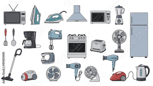 Large collection of household electrical appliances including a television refrigerator washing machine toaster hair dryer and microwave oven.
