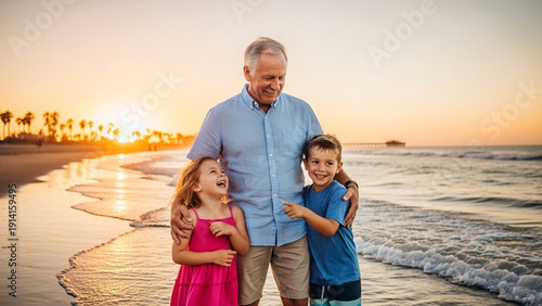 Happy grandfather with grandchildren enjoying a beautiful sunset at the beach, family time.