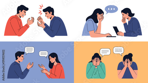 Four panel illustration depicting different scenes of emotional distress including arguing crying social anxiety and deep personal sadness.