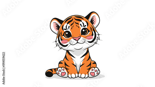 Extremely adorable cartoon illustration of a baby tiger cub sitting down with large expressive eyes and rosy cheeks on a white background.