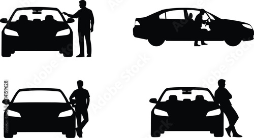 Silhouette of people standing next to cars from different angles