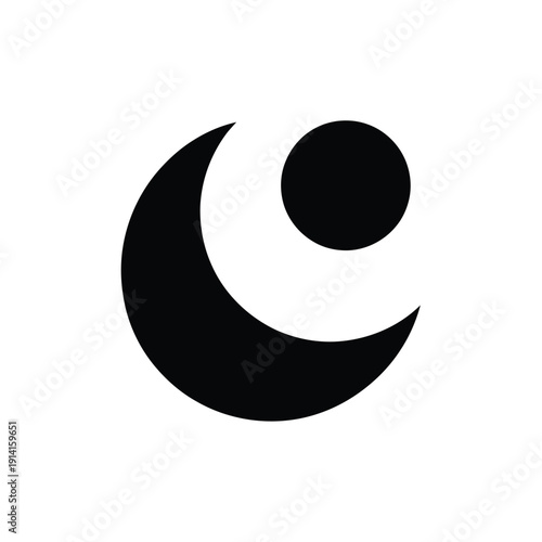 Black crescent moon and circle icon on a white background
