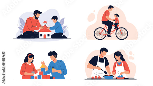 Four scenes showing a caring father spending quality time with his child by playing with blocks riding a bicycle and cooking together.