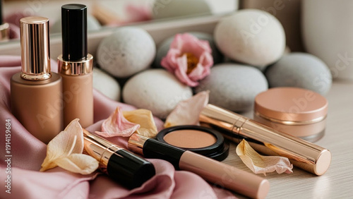 Elegant makeup collection featuring lipsticks, eyeshadow, and brushes, with a soft, artistic aesthetic.