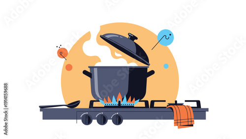 Large black cooking pot steaming on a gas stove burner in a kitchen setting with a spoon and a kitchen towel nearby in a flat style.