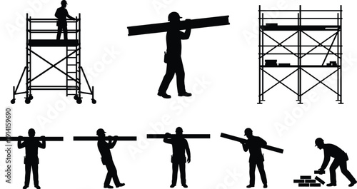 Construction worker silhouette set, builders carrying beams, working on scaffolding, masonry, cad drawing flat vector illustration on white background, engineering.