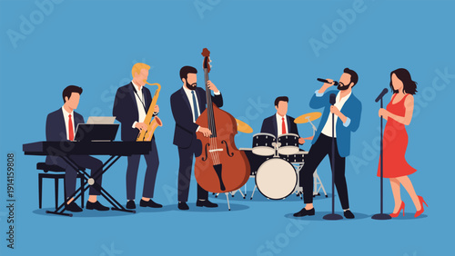 Group of musicians performing together including a male singer in a blue jacket a female singer in a red dress and various instrumentalists.