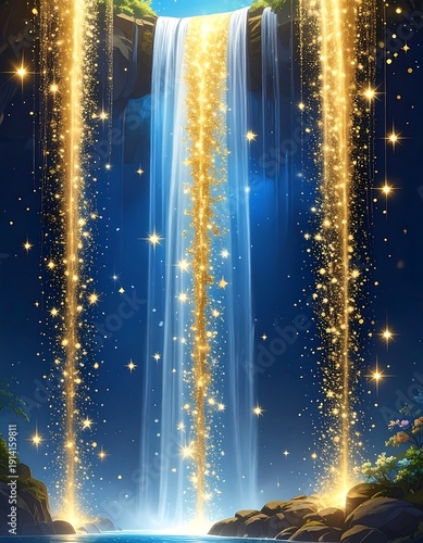 Sparkling waterfall cascades from lush greenery, filled with shimmering, golden light and a serene, magical ambiance