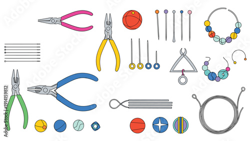 Comprehensive set of tools and supplies for jewelry making including various pliers needles wire rolls colorful beads and findings.