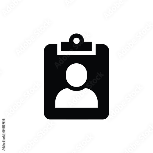 Simple black icon of a clipboard with a user profile silhouette