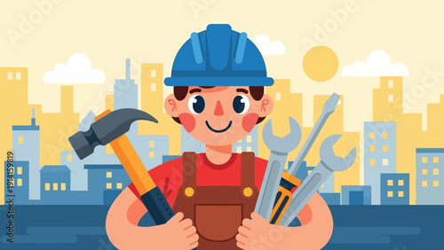 Cartoon Construction Worker Holding Tools with Cityscape Background.